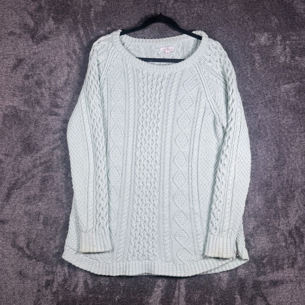 LL Bean Signature Mint Green Cable Knit Cotton Sweater Side Zip Size L 297470